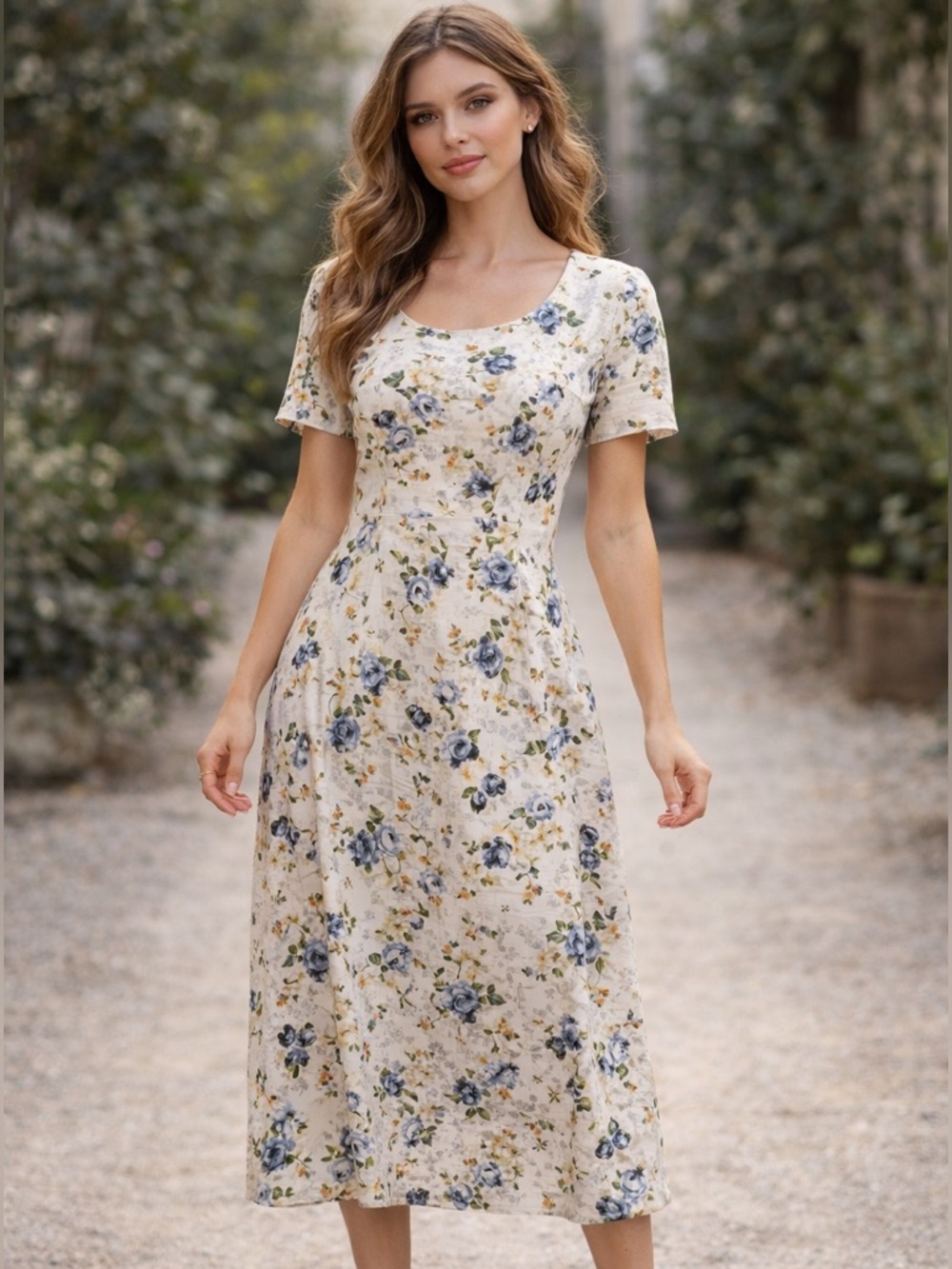 My Michelle Blue and Green Floral Linen Blend Y2K 90s 80s Dress Zip up back